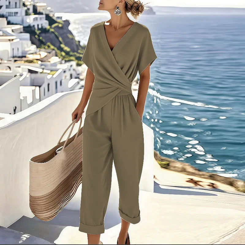 Colleen™ Elegant Two-Piece Set | Wrap-Front Top and Cropped Trousers